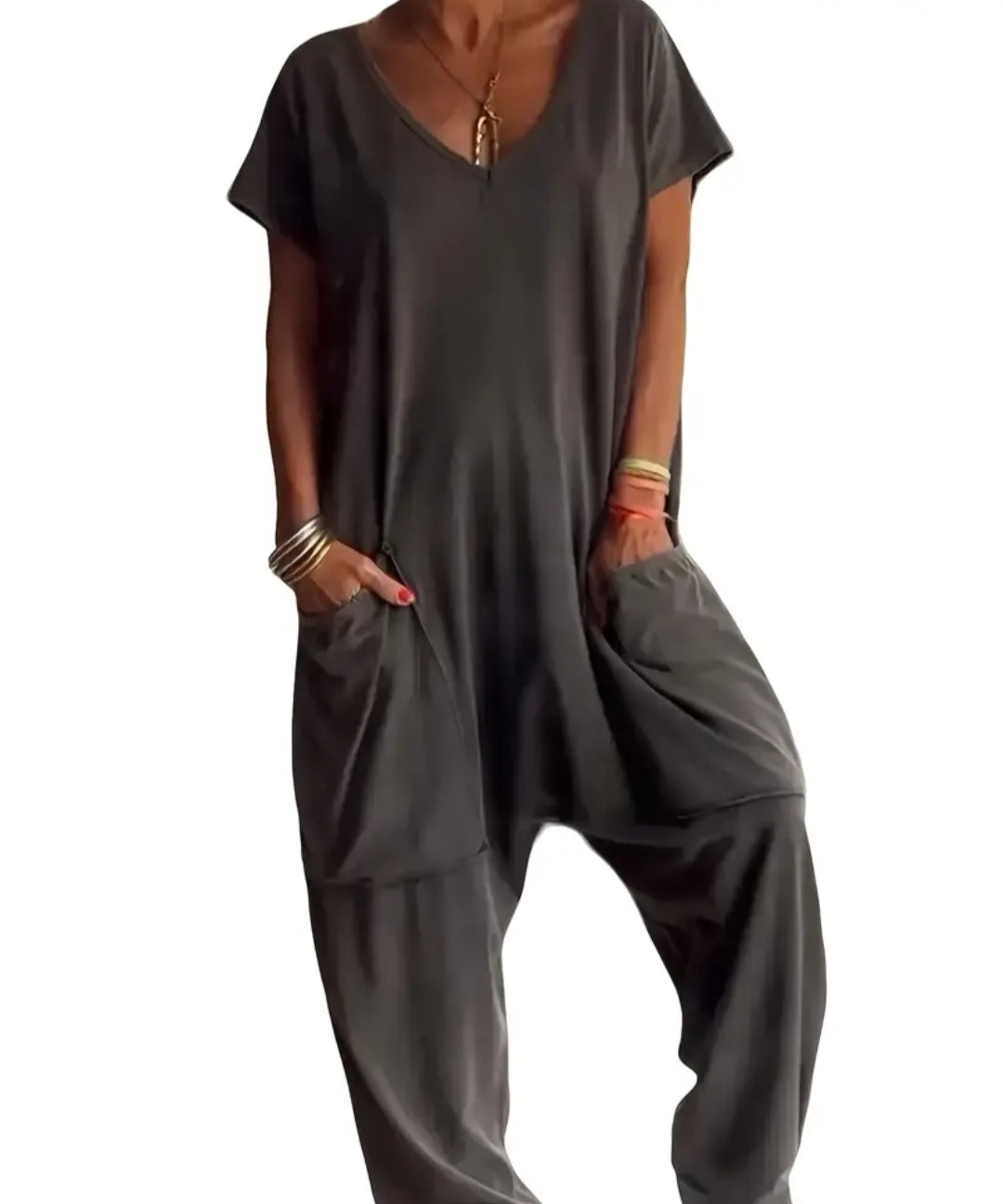Women's Solid V-Neck Baggy Romper with Pockets  from Karma Goodness Designs