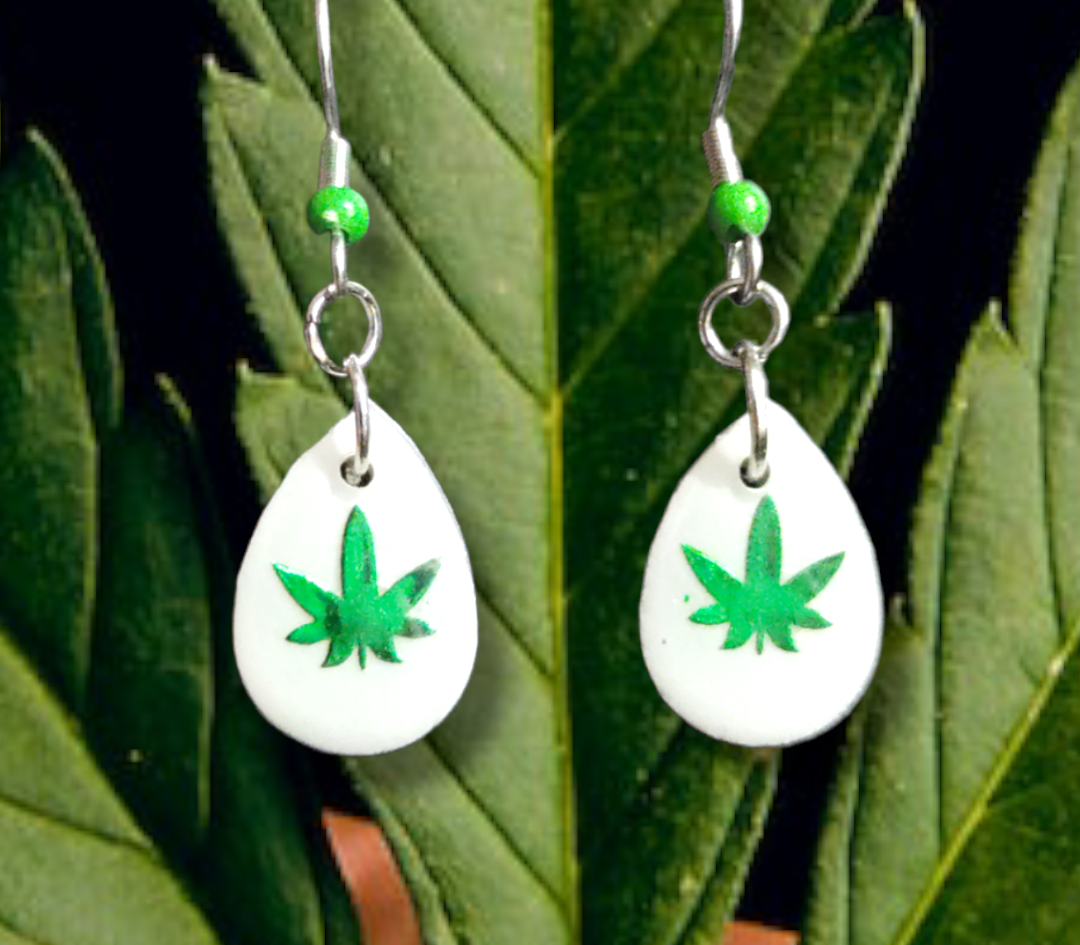 Cannabis Inspired Leaf Teardrop earrings from Karma Goodness Designs