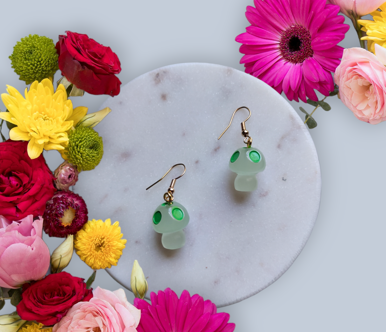 Mushroom Resin Charms earrings from Karma Goodness Designs