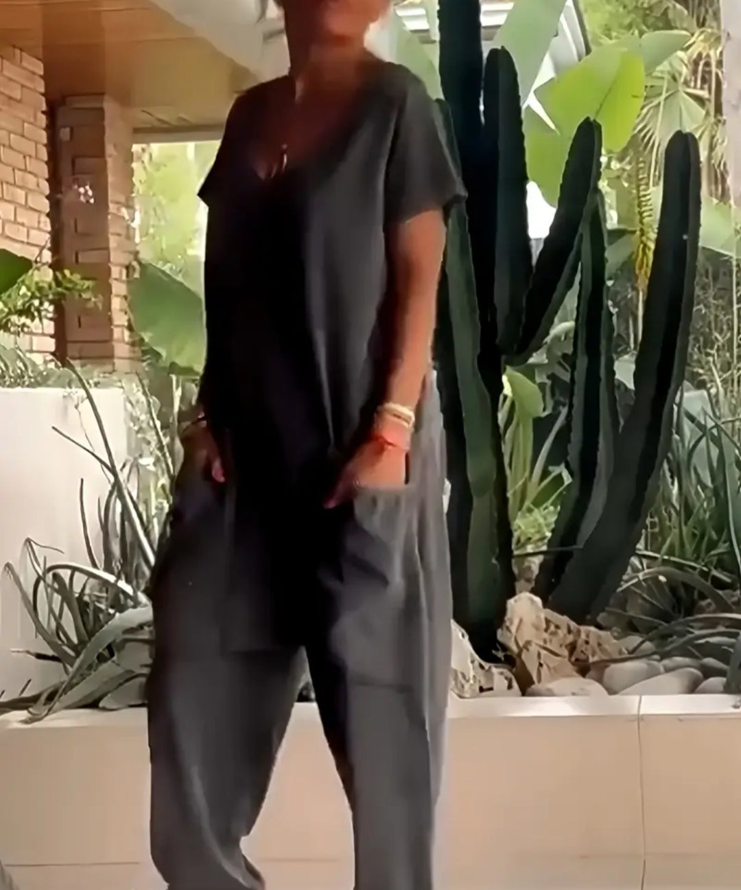Women's Solid V-Neck Baggy Romper with Pockets  from Karma Goodness Designs