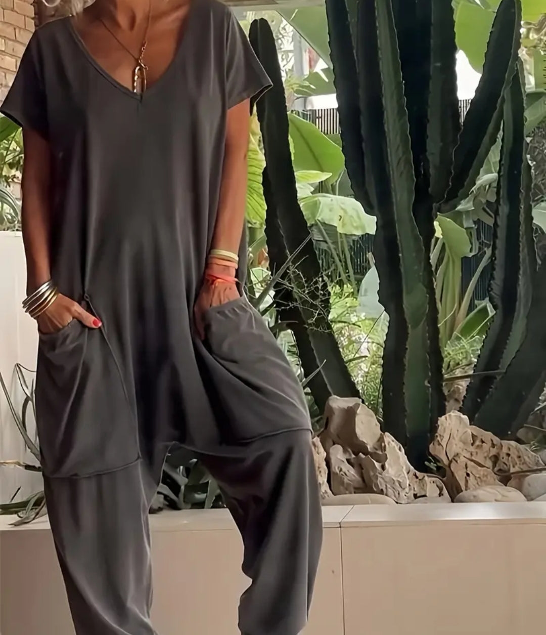 Women's Solid V-Neck Baggy Romper with Pockets  from Karma Goodness Designs