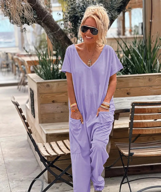 Women's Solid V-Neck Baggy Romper with Pockets  from Karma Goodness Designs